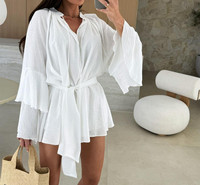Robe élégante asymétrique pour femme, col en V, taille nouée, manches longues, coupe ample, couleur unie, mini-robe décontractée pour soirée