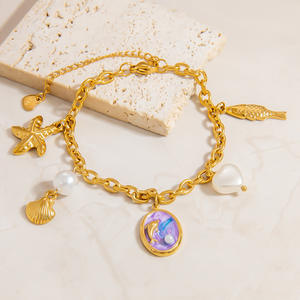 Ocean Theme Charm <b>Bracelet</b> Zinc Alloy Gold Tone Dolphin Pearl Sea <b>Shell</b> Starfish Pendant Women's Jewelry Gift - Product Image 4