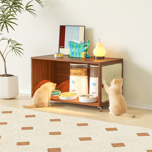 Mobilier multifonctionnel pour animaux de compagnie en bois massif, trois en un, pour chat : gamelle, meuble sur pied et armoire modulable DIY pour chats - Product Image 4
