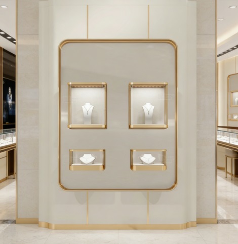 Luxury Wall Mounted Aluminium MDF Jewelry Display Cabinet LED Lighting 2-Tier Necklace Pendant Showcase Customizable Dimensions