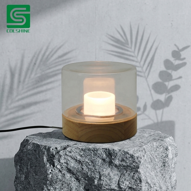 Colshine IP44 Waterproof Rechargeable Battery Modern Portable Wooden LED Reading Table Lamp with Glass Shade for Room Use