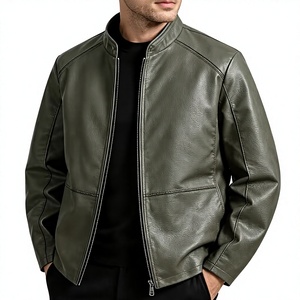 Wholesale Unisex Olive Green PU Leather Biker <b>Jacket</b> Stand Collar Casual Fit <b>Racer</b> Zipper Coat Front Waterproof Custom B2B OEM - Product Image 1
