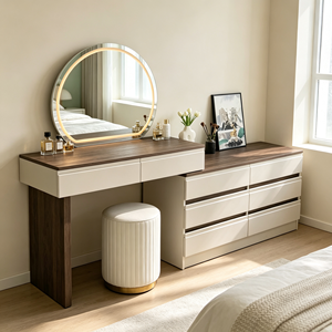 Ensemble coiffeuse extensible bicolore en noyer avec miroir LED circulaire, 6 tiroirs latéraux, tabouret à base dorée et bureau de maquillage en bois chaud pour chambre à coucher - Product Image 3