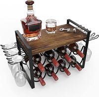 Porte-vin en métal pour comptoir, porte-vin de table en bois naturel, support de rangement pour 8 bouteilles avec plateau en bois