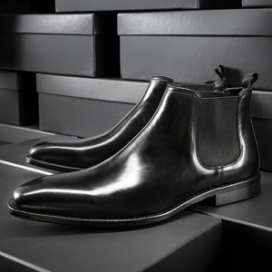Bottes Chelsea en cuir véritable noir à bout pointu, chaussures habillées pour hommes, à enfiler, pour le bureau et la carrière, toutes saisons, semelle extérieure en caoutchouc - Product Image 3