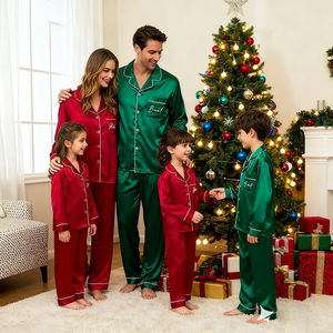Pijamas de Satén <span class=keywords><strong>para</strong></span> Fiesta Infantil al por Mayor con Monograma Rojo y Verde Navideño a Juego <span class=keywords><strong>para</strong></span> la Familia - Product Image 5