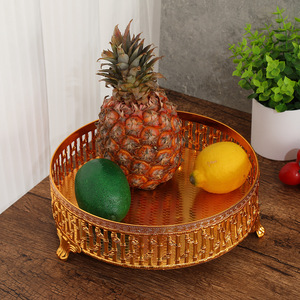 Plateau à fruits rond en fer à motif <span class=keywords><strong>bambou</strong></span> doré, plateau à dessert, plateau décoratif pour coiffeuse, plateau à bijoux, plateau à maquillage pour coiffeuse - Product Image 2