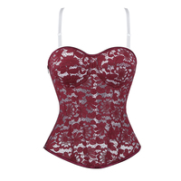 Corset en dentelle bordeaux avec bretelles amovibles, décolleté cœur et dos lacé pour femme