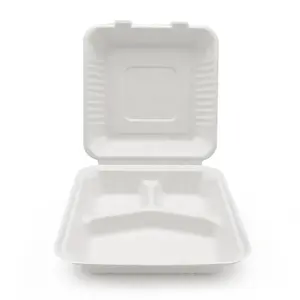 100% Compostable Large 3 Comp Take Out Food Containers 9x9x3" Natural Disposable Bagasse Green Biodegradable Made of Sugar Cane