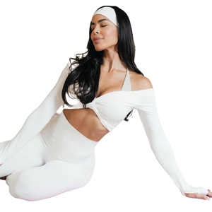 KY Women's <strong>White</strong> Off Shoulder Twist Front Long Sleeve Yoga <strong>2</strong> <strong>Piece</strong> <strong>Set</strong> High Waist <strong>White</strong> Workout <strong>Set</strong> Off Shoulder Long - Product Image 2