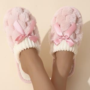Chaussons d'intérieur chauds pour femme, mode automne-hiver, avec nœud, logo brodé, antidérapants, à bout ouvert, en coton peluche - Product Image 2