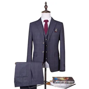 Лидер продаж, серый клетчатый деловой костюм из трех предметов, лучшие мужские костюмы