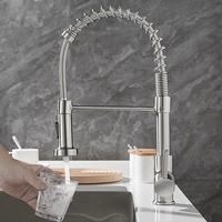Robinet de cuisine contemporain à une poignée monté sur le pont en acier inoxydable poli avec poignée en céramique design noir et or brossé