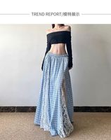 Jupe longue vintage à carreaux pour femme, ornée de perles et de dentelle, bleue et blanche, taille élastique, élégante, évasée, 100 % polyester