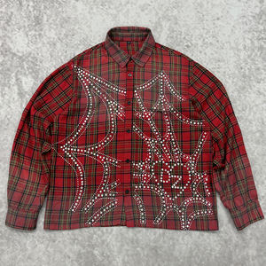 Vintage acide lavage Plaid hommes boutonné surdimensionné T-Shirt Logo personnalisé Streetwear flanelle strass hommes chemises à manches longues - Product Image 4