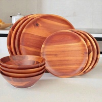 Vaisselle en bois d'acacia naturel pour cuisine de restaurant Bol de service rond écologique Ensemble d'assiettes et de bols en bois poli