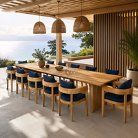 Ensemble de salle à manger d'extérieur en teck massif de qualité hôtelière de luxe, extra long, 10-12 places, avec fauteuils à coussins bleu marine imperméables