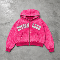 Hoodie Pria Pink Custom Full Zip dengan Aplikasi Huruf Lengkung Pola Tonal Streetwear OEM ODM Pasokan Pabrik