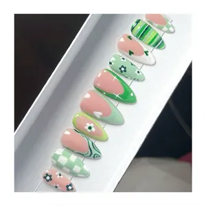 Colorful Collocation Long Almond Wholesale Press On Nails Paint All Kinds Pattern Nails Tips Art artificial Fake Nails Set