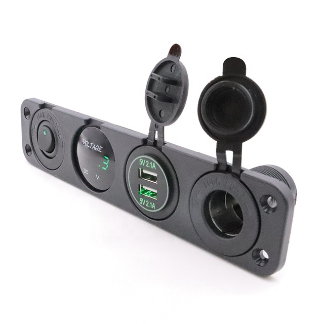 4 in 1 Car USB Charger Socket Panel 12V Round Rocker Switch Dual USB Socket Power Outlet LED Voltmeter Cigarette Lighter Socket