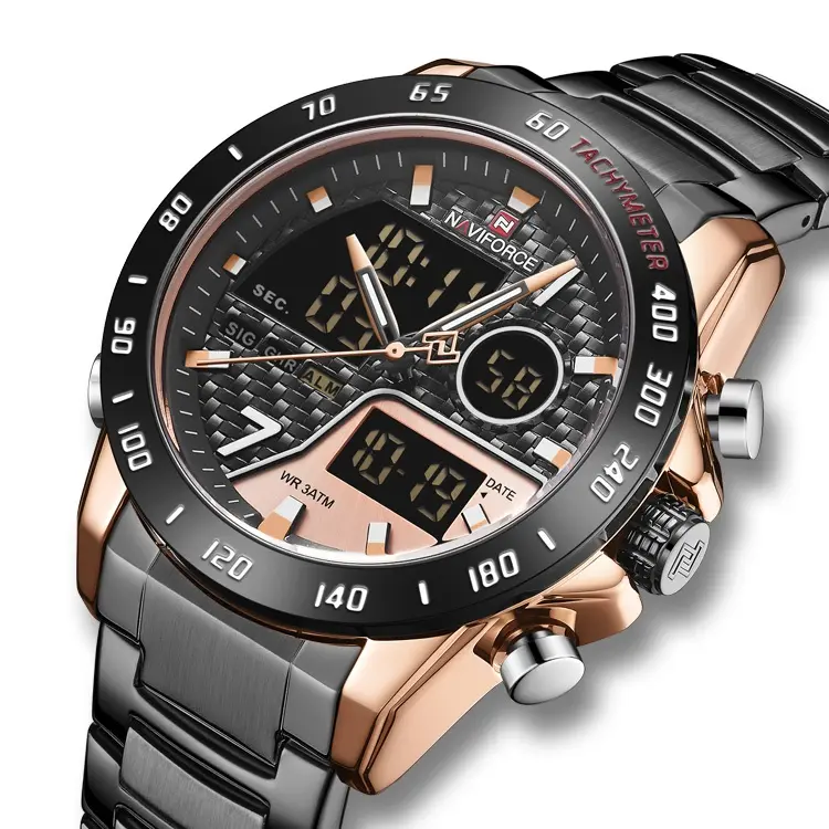 NAVIFORCE Fashion Style Men's Wristwatch Waterproof Multi Function Dual Time Zone Display Analog Digital LED Sports Watch 9171
