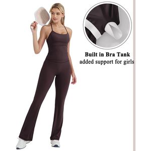 FOXA 2 Piece Workout Set Padded Tank Top <b>Flare</b> <b>Leggings</b> Pilates Outfit Women Yoga Sets Spandex Polyester Four Way Stretch - Product Image 2