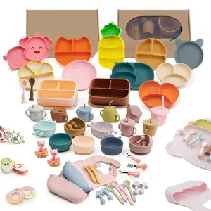 Vente en gros de fournitures personnalisées pour bébés, ensemble d'alimentation en silicone pour bébés, ensemble d'assiettes pour nouveau-nés, ensemble d'alimentation en silicone pour enfants