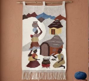 Ensemble cadeau d'entreprise : Tapisserie murale <span class=keywords><strong>ethnique</strong></span> en laine tissée à la main, scène de village africain, art populaire pour la décoration de salon, hôtel de charme - Product Image 1