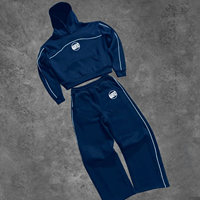 Conjunto de 2 Piezas de Sudadera Corta con Capucha y Logotipo Personalizado para Mujer, Pantalones Deportivos de Pierna Ancha con Ribete Blanco, Ropa Deportiva Informal