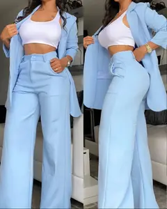 Conjunto de pantalones de pierna recta con bolsillo y cuello abatible de manga dividida de Color sólido elegante y elegante para mujer de la Mujer de la primavera del 2017