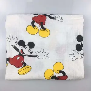 French Popular Cotton Crinkle Double Layer Gauze Muslin Mickey Mouse Printed Fabric For Children's Garments Beddings