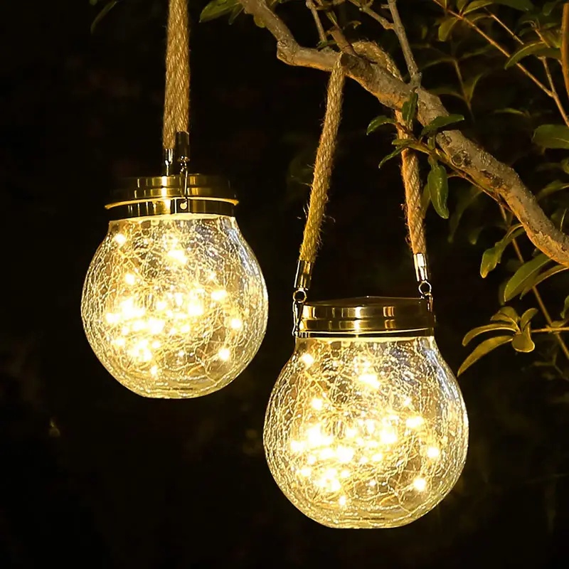 Waterproof IP65 Decorative Hanging Outdoor Decorative Crackle Glass Ball led solar mason jar fairy light lid