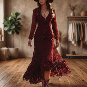 Robe longue maxi en dentelle bohème tendance faite à la main, col en V, manches longues, ourlet évasé, couleur unie, style décontracté automne, vente en gros - Product Image 2