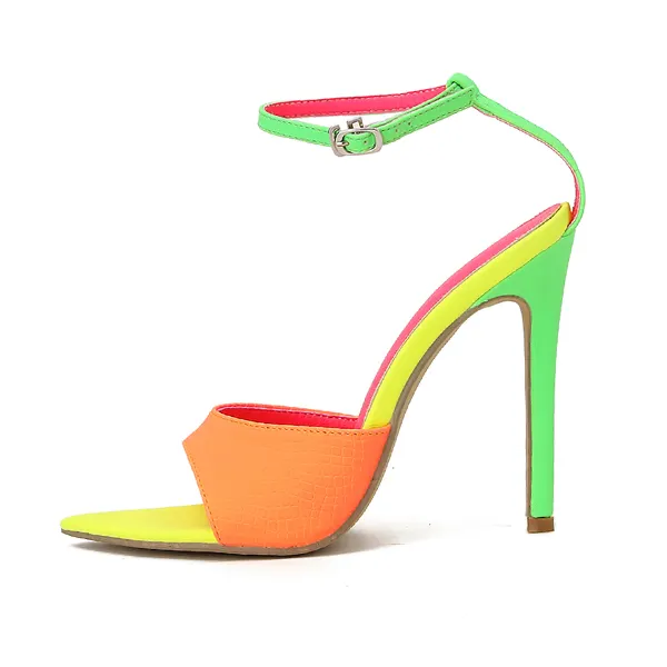 Hoslasenshoes neon orange green yellow colorful sharp pointy shoe open toe shape heel sandals fashion shoes woman sandals 2022