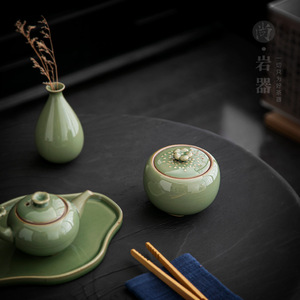 Boîte à thé en céramique, glaçure verte en bambou, ronde avec couvercle, petite taille, pot de stockage hermétique pour la maison et les voyages - Product Image 3