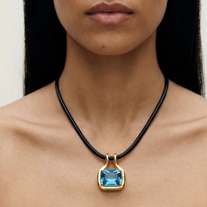 For New Arrival Chunky Rock <strong>Candy</strong> Emerald Zircon Aurora <strong>Necklace</strong> Chic Classic Style Stainless Steel Leather Cord <strong>Necklace</strong> - Product Image 3