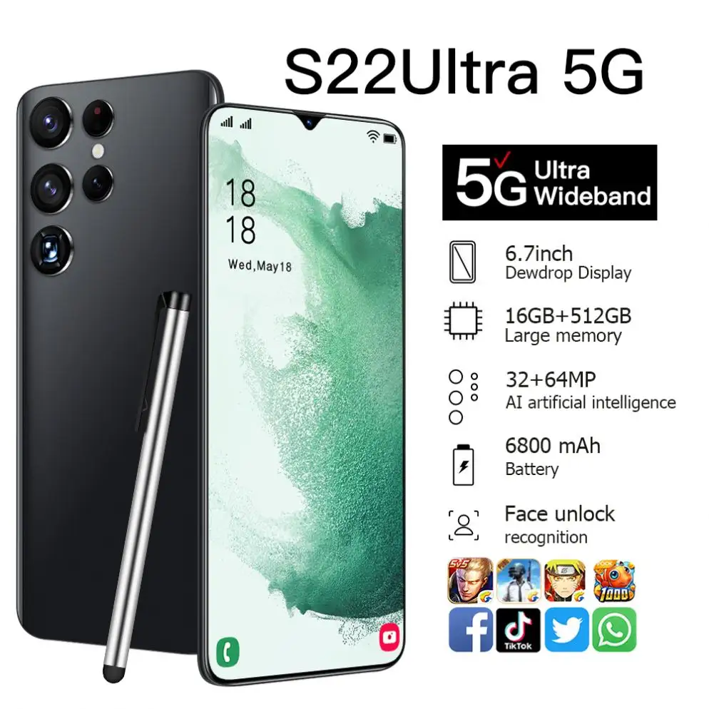 Free shipping for 5G Smartphone S22 Ultra 16+512GB Android Mobile Phones With Face ID Original Unlocked Cell Phone