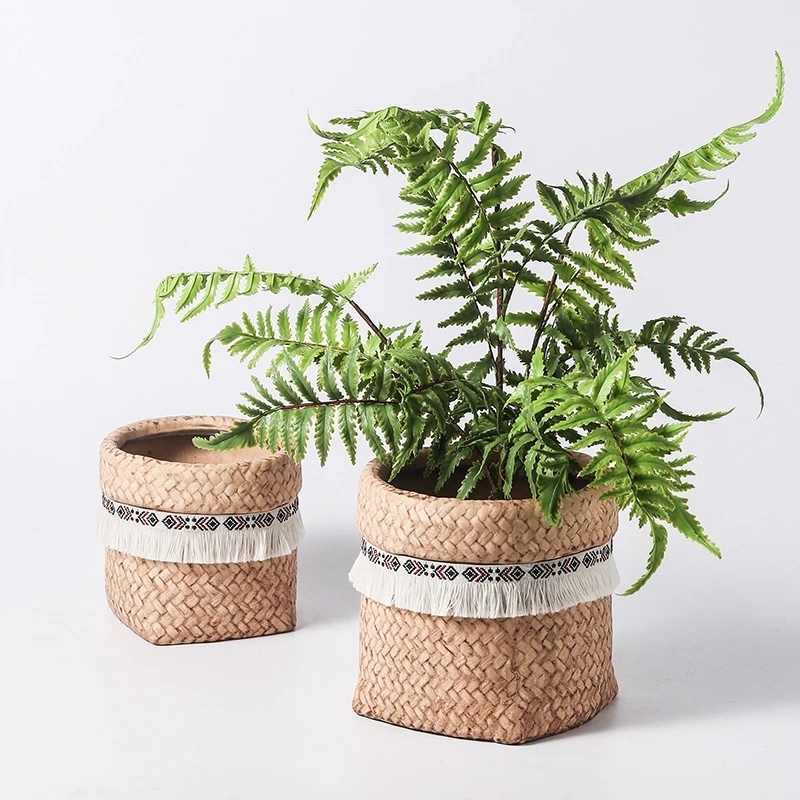 Farmhouse Weave Pattern Cement Succulent Planter – Tassel Bag Shape Pot with Drainage - View 4