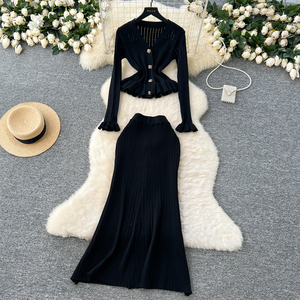 Lw1005 2025 Mới Thiết Lập Phụ Nữ Tiên Tiến Cảm Giác Eo Đóng Lá Sen Dưới Đan Cardigan Gói Hip Váy 2 Mảnh Phụ Nữ Ăn Mặc - Product Image 3