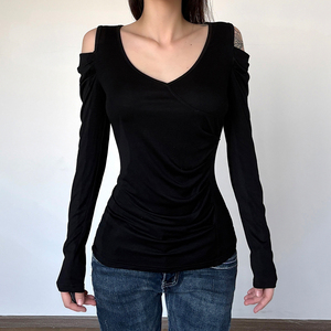 T-shirt moulant noir à épaules dénudées pour femme, en viscose et élasthanne, manches longues, style streetwear décontracté et sexy, mode Y2K - Product Image 5