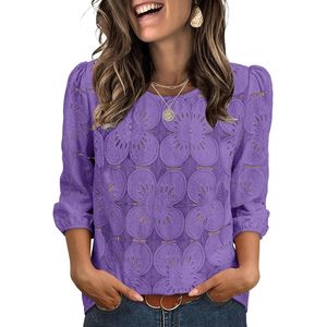 Chemisiers pour femmes, couleur violette, manches 3/4, dentelle, imprimé floral, haut décontracté pour tous les jours - Product Image 1
