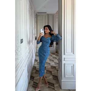 Robe midi en dentelle tissée Blue Maude XL, robe de soirée formelle, robe de bal, manches courtes, décoration florale pour les invités de mariage, longueur genou, formelle - Product Image 5