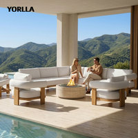 Ensemble de conversation modulaire de luxe en teck pour complexe hôtelier, fauteuil club cylindrique rembourré, canapé à assise profonde, personnalisable