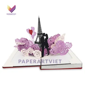 3D Custom Pop Up Handmade Notebook with Roses and Couple Love Story under Eiffel Tower Handcraft Pop Up