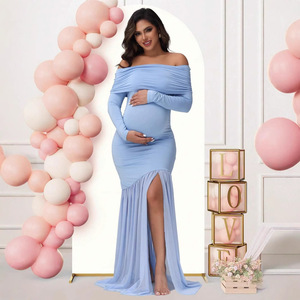 Vestido de <span class=keywords><strong>Maternidad</strong></span> Elegante de Manga Larga con Hombros Descubiertos, Ajustado, de Punto con Malla y Parches, Colección Primavera 2025 Europea y Americana - Product Image 1