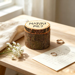 Boîtes en bois naturel brut en forme de tronc d'arbre, personnalisables avec écorce, pour demande en mariage, support durable pour bague, boîte de rangement pour demande en mariage - Product Image 1