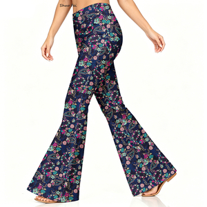 Pantalon de yoga évasé pour <span class=keywords><strong>femme</strong></span>, <span class=keywords><strong>bleu</strong></span> <span class=keywords><strong>marine</strong></span>, motif floral cachemire, 230g, en soie de lait épaisse, coupe cloche, imprimé numérique, taille haute, leggings d'entraînement - Product Image 1