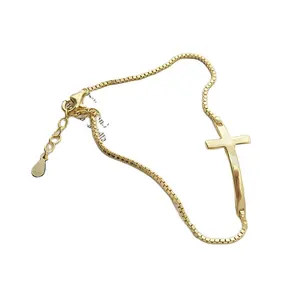 Personalizzato 925 gioielli religiosi cristiani in argento Sterling placcato oro 18 carati bracciale croce catena croce