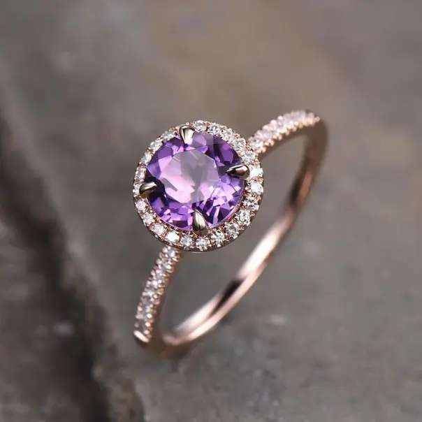 Natural 7mm Round Cut Amethyst Engagement Ring SI-GH Natural Diamond Wedding Ring 14k Rose Gold Halo Prong Set