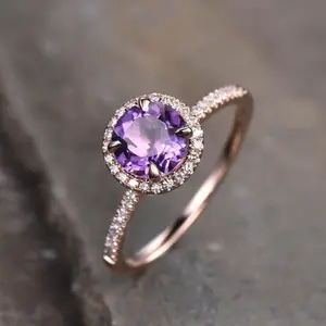 प्राकृतिक 7 मिमी राउंड कट एमथिस्ट सगाई की अंगूठी SI-GH प्राकृतिक हीरे की शादी की अंगूठी 14k गुलाब सोना